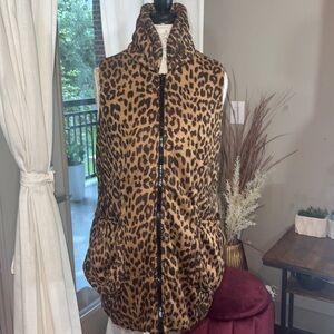 Love Token leopard print brown black sleeveless vest long puffy jacket pockets S